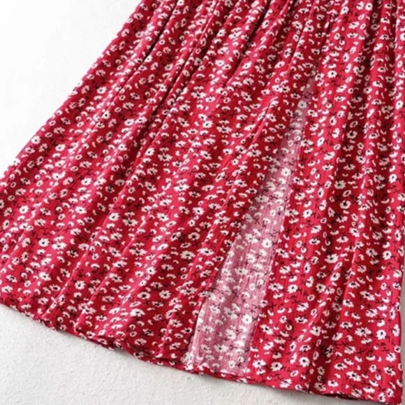 ×2 Red Floral Cotton Midi Skirt and Flutter Sleeve Top Set - Picture 8 of 13